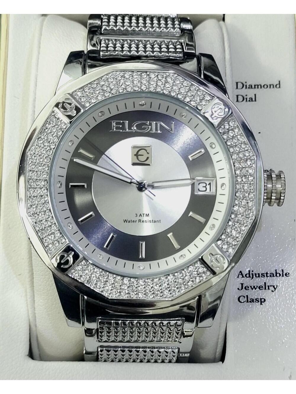 Rare Diamond Paved Bezel Mens Watch Elgin Authorized Dealer - Picture 6 of 13